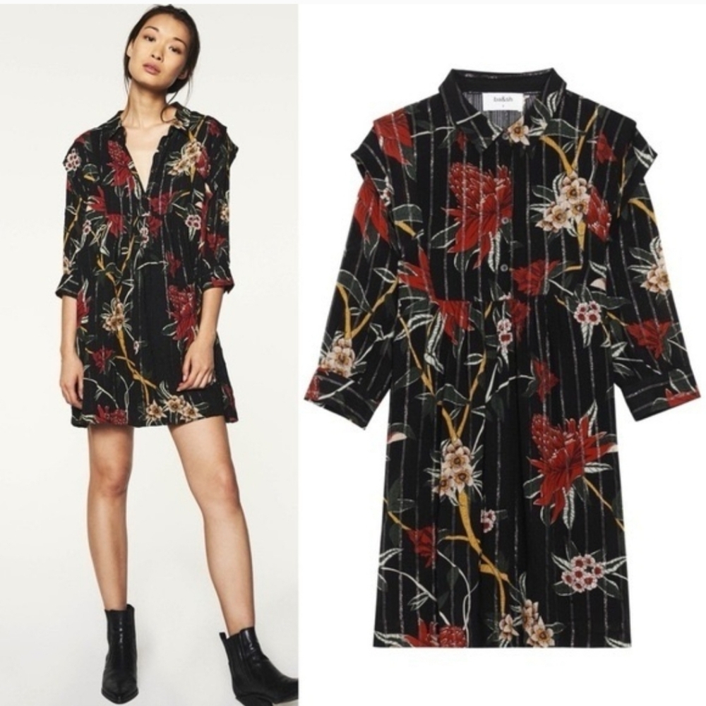 ba&sh Paprika Black Mini Dress with Red & Cream Floral Print